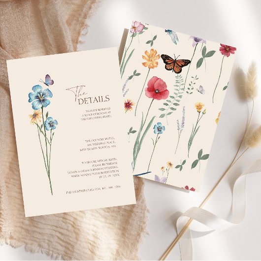 Eenvoudige Blauwe Wildflower Butterfly Wedding Det Informatiekaartje