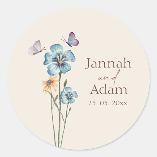 Eenvoudige Blauwe Wildflower Vlinders Bloemenbruil Ronde Sticker (Voorkant)