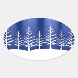 Eenvoudige blauwe winter kerstbomen ovale sticker