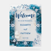 Eenvoudige Blauwe & Witte Overlay Bloemen bruiloft Acryl Bord (Voorkant)