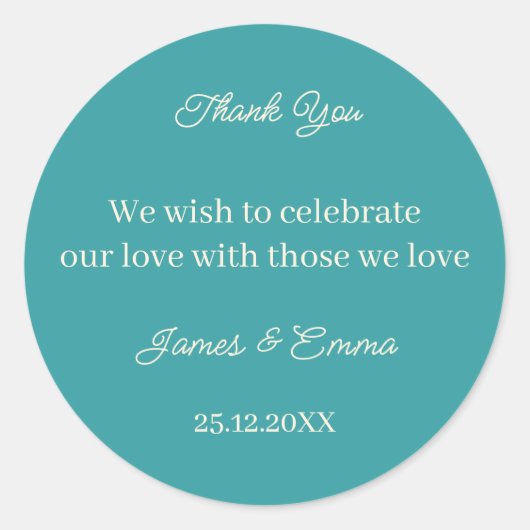 Eenvoudige Blauwgroen aangepaste bruiloft Ronde Sticker (Voorkant)