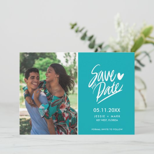 Eenvoudige Blauwgroen Foto Moderne Bruiloft Save t Aankondiging (Staand voorkant)