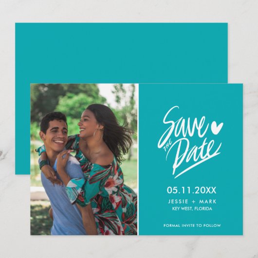 Eenvoudige Blauwgroen Foto Moderne Bruiloft Save t Aankondiging (Voorkant / Achterkant)