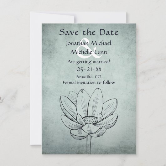 Eenvoudige Blauwgroen Lotus Flower Dusty Blue Wedd Save The Date (Voorkant)