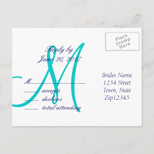 Eenvoudige Blauwgroen Navy Blue Monogram Wedding R Uitnodiging Briefkaart (Achterkant)