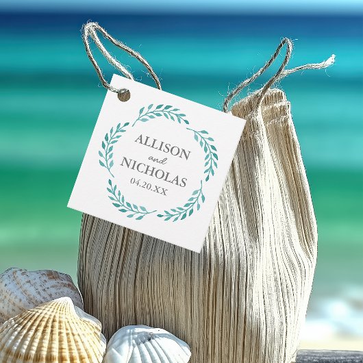 Eenvoudige Blauwgroen Waterverf Botanische Beach W Bedankjes Labels