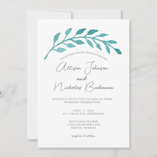 Eenvoudige Blauwgroen Waterverf Botanische zegenbr Kaart (Voorkant)