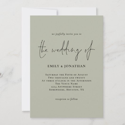Eenvoudige Bleke Sage Green Script Wedding Invitat Kaart (Voorkant)