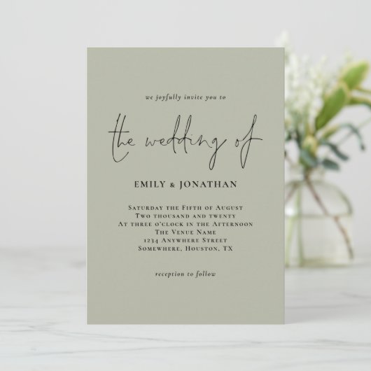 Eenvoudige Bleke Sage Green Script Wedding Invitat Kaart (Staand voorkant)