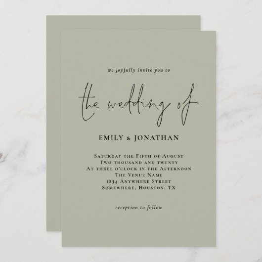 Eenvoudige Bleke Sage Green Script Wedding Invitat Kaart (Voorkant / Achterkant)