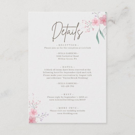 Eenvoudige bloem Elegante bruiloft Details Informatiekaartje (Voorkant)