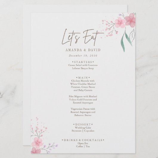 Eenvoudige bloem elegante bruiloft menu (Voorkant / Achterkant)