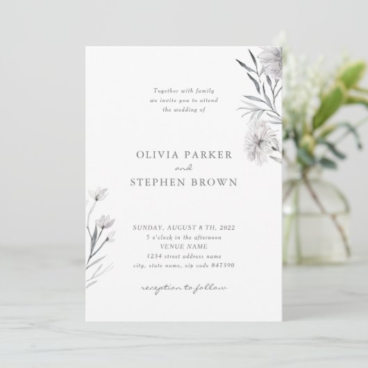 Eenvoudige bloem. Grijs Wit Mooie bruiloft Kaart (Staand voorkant)