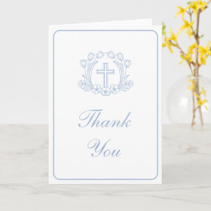 Eenvoudige bloem lichtblauwe kruis religieuze dank kaart
