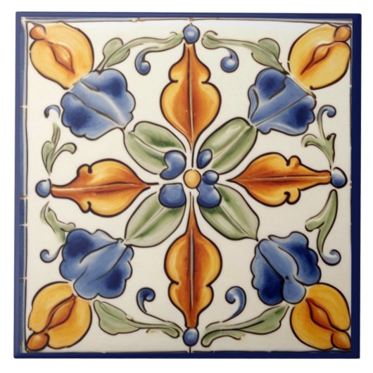 Eenvoudige Bloem Mediterraan Blauw Cream Bloemen Tegeltje (Voorkant)