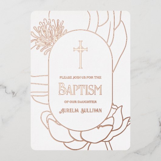 Eenvoudige bloem Roze Goud Witte Doop Folie Folie Uitnodiging (Voorkant)