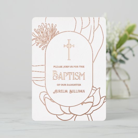 Eenvoudige bloem Roze Goud Witte Doop Folie Folie Uitnodiging (Staand Voorkant)