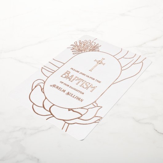 Eenvoudige bloem Roze Goud Witte Doop Folie Folie Uitnodiging (Gedraaid)