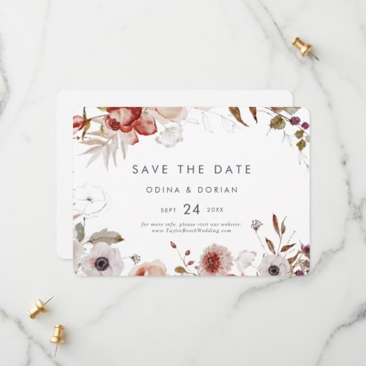 Eenvoudige bloemen horizontaal save the date (Voorkant / Achterkant in situ)