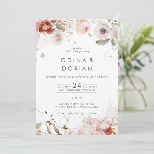 Eenvoudige bloemen in één bruiloft kaart (Staand voorkant)