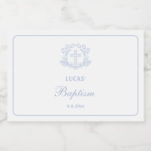 Eenvoudige Bloemen Licht Blauw Kruis Doop Likeurfles Etiket (Enkel label)