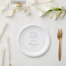 Eenvoudige Bloemen Licht Blauw Kruis Doop Papieren Bordje
