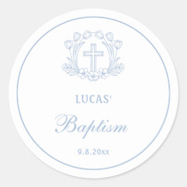 Eenvoudige Bloemen Licht Blauw Kruis Doop Ronde Sticker