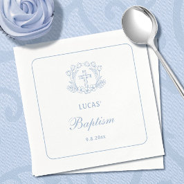 Eenvoudige Bloemen Licht Blauw Kruis Doop Servet