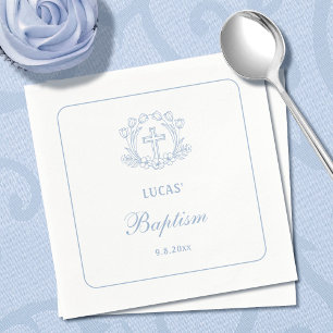 Eenvoudige Bloemen Licht Blauw Kruis Doop Servet