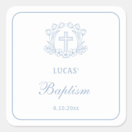 Eenvoudige Bloemen Licht Blauw Kruis Doop Vierkante Sticker