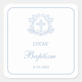 Eenvoudige Bloemen Licht Blauw Kruis Doop Vierkante Sticker