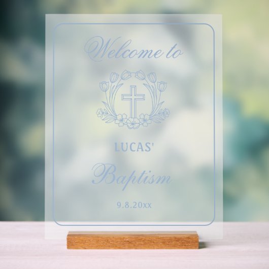 Eenvoudige Bloemen Licht Blauw Kruis Doop Welkom Acryl Bord (Neutraal)