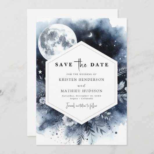Eenvoudige Bloemen Maanverlichte bruiloft Save The Date (Voorkant / Achterkant)
