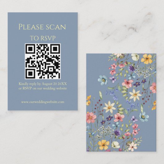 Eenvoudige Bloemen Modern Blauw QR Code & RSVP bru Informatiekaartje (Voorkant / Achterkant)