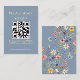 Eenvoudige Bloemen Modern Blauw QR Code & RSVP bru Informatiekaartje