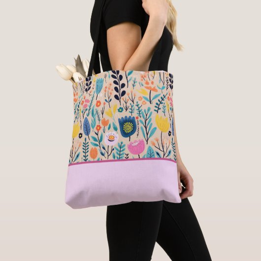 Eenvoudige Bloemen Moderne Volkskunst, Kleurenblok Tote Bag (Dichtbij)