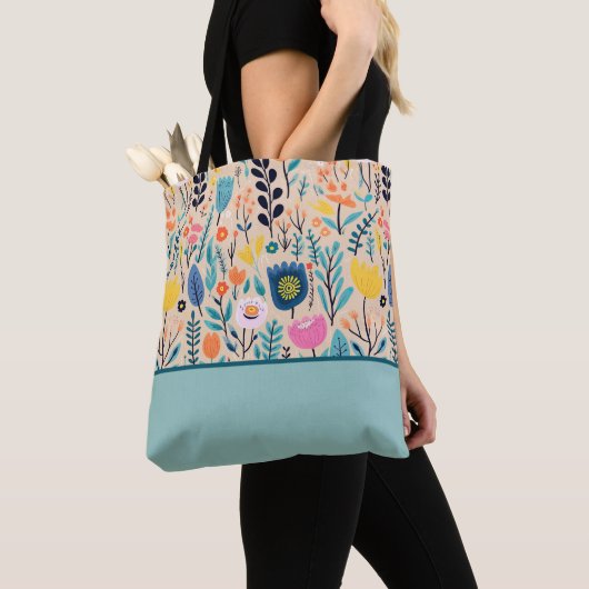 Eenvoudige Bloemen Moderne Volkskunst, Kleurenblok Tote Bag (Dichtbij)