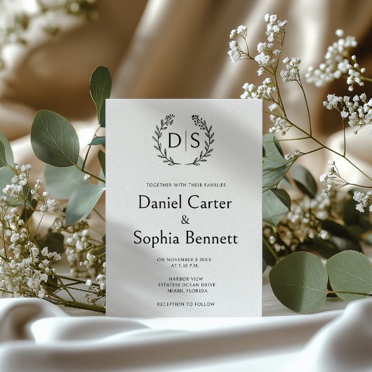 Eenvoudige Bloemen Monogram Krans Initialen Trouwe Kaart