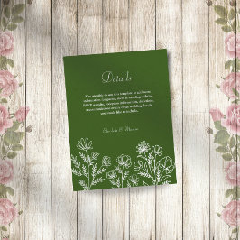 Eenvoudige bloemen olijfgroene bruiloft behuizing informatiekaartje