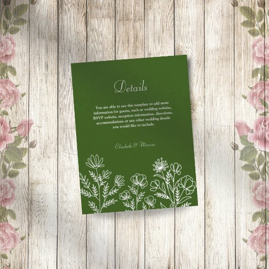 Eenvoudige bloemen olijfgroene bruiloft behuizing informatiekaartje