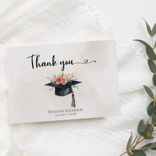 Eenvoudige Bloemen op Afstudeerhoed Moderne Afstud Bedankkaart
