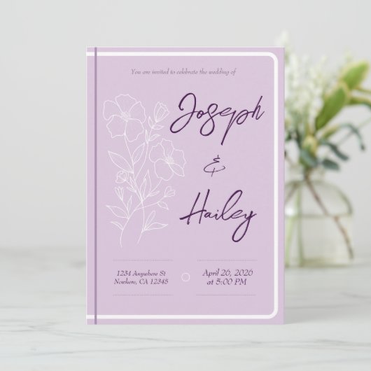 Eenvoudige Bloemen Paarse Lavendel Huwelijksuitnod Kaart (Staand voorkant)