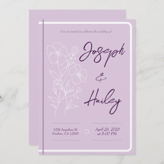 Eenvoudige Bloemen Paarse Lavendel Huwelijksuitnod Kaart (Voorkant / Achterkant)