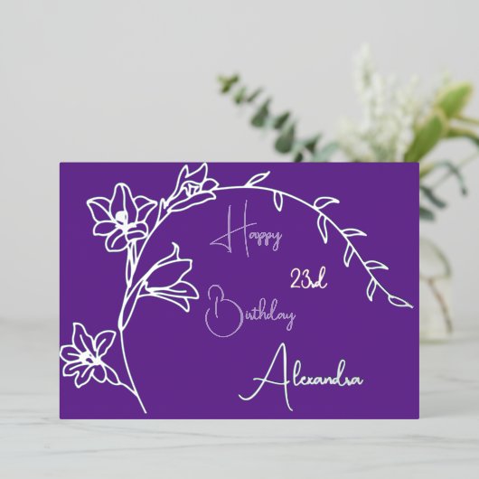 Eenvoudige Bloemen Paarse & Zilveren Verjaardag Folie Feestdagenkaart (Staand Voorkant)