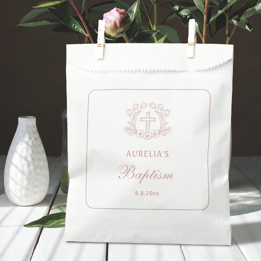 Eenvoudige Bloemen Roze Kruis doop Bedankzakje