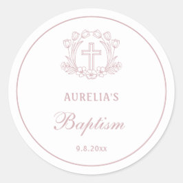 Eenvoudige Bloemen Roze Kruis doop Ronde Sticker