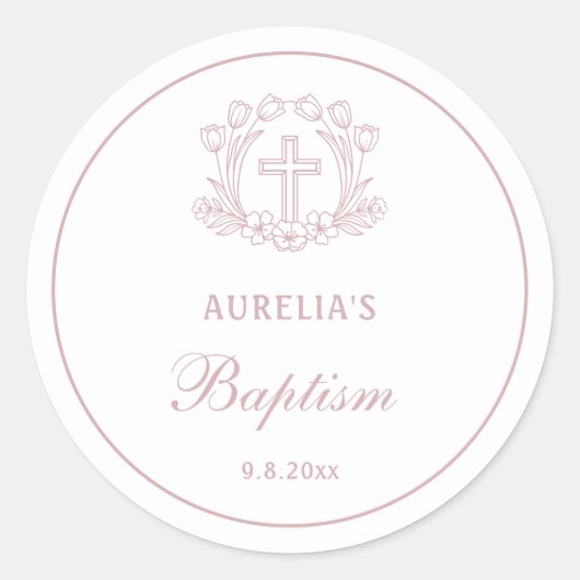 Eenvoudige Bloemen Roze Kruis doop Ronde Sticker (Voorkant)