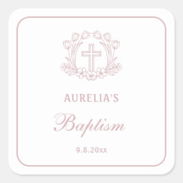 Eenvoudige Bloemen Roze Kruis doop Vierkante Sticker