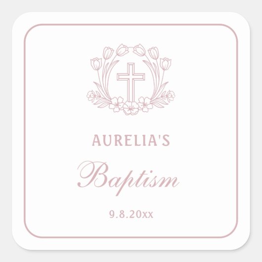 Eenvoudige Bloemen Roze Kruis doop Vierkante Sticker (Voorkant)