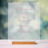 Eenvoudige Bloemen Roze Kruis Doop Welkom Acryl Bord (Neutraal)